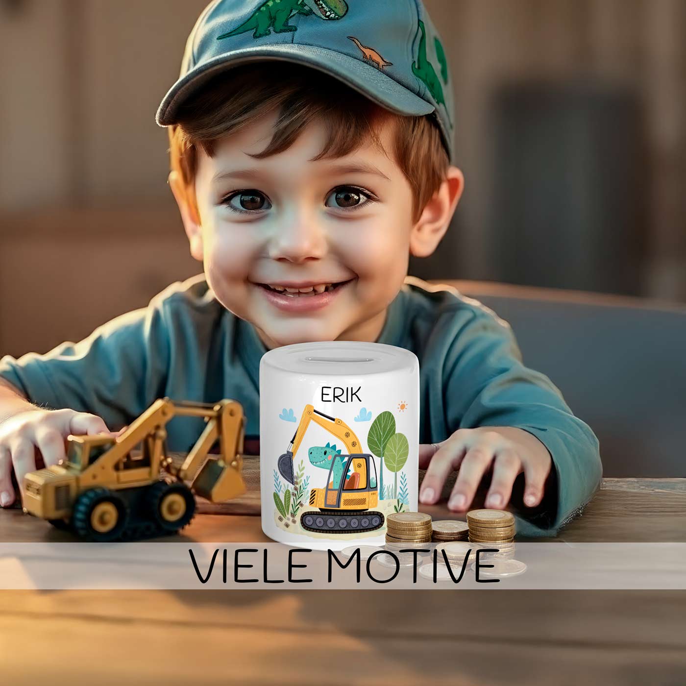 Personalisierte Spardose für Jungen mit einem Bagger-Motiv (gefahren von einem Dino) und dem Namen 'Erik'.