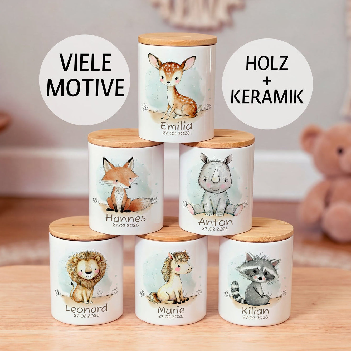 Personalisierte Keramik-Spardose mit Holz-Deckel aus Bambus, Aquarell-Tieren und Namen sowie Datum als Geschenk zur Taufe und Geburt.