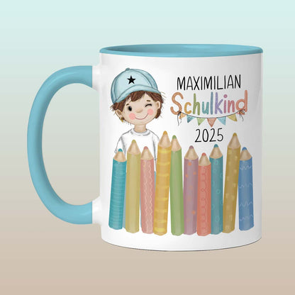 Schöne Tasse zum Schulanfang für Jungen, personalisiert mit Namen, in Blau
