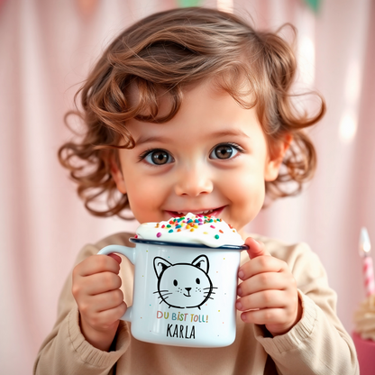 Personalisierte Emaille-Tasse für Kinder mit einem Katze-Motiv und dem Namen 'Karla'