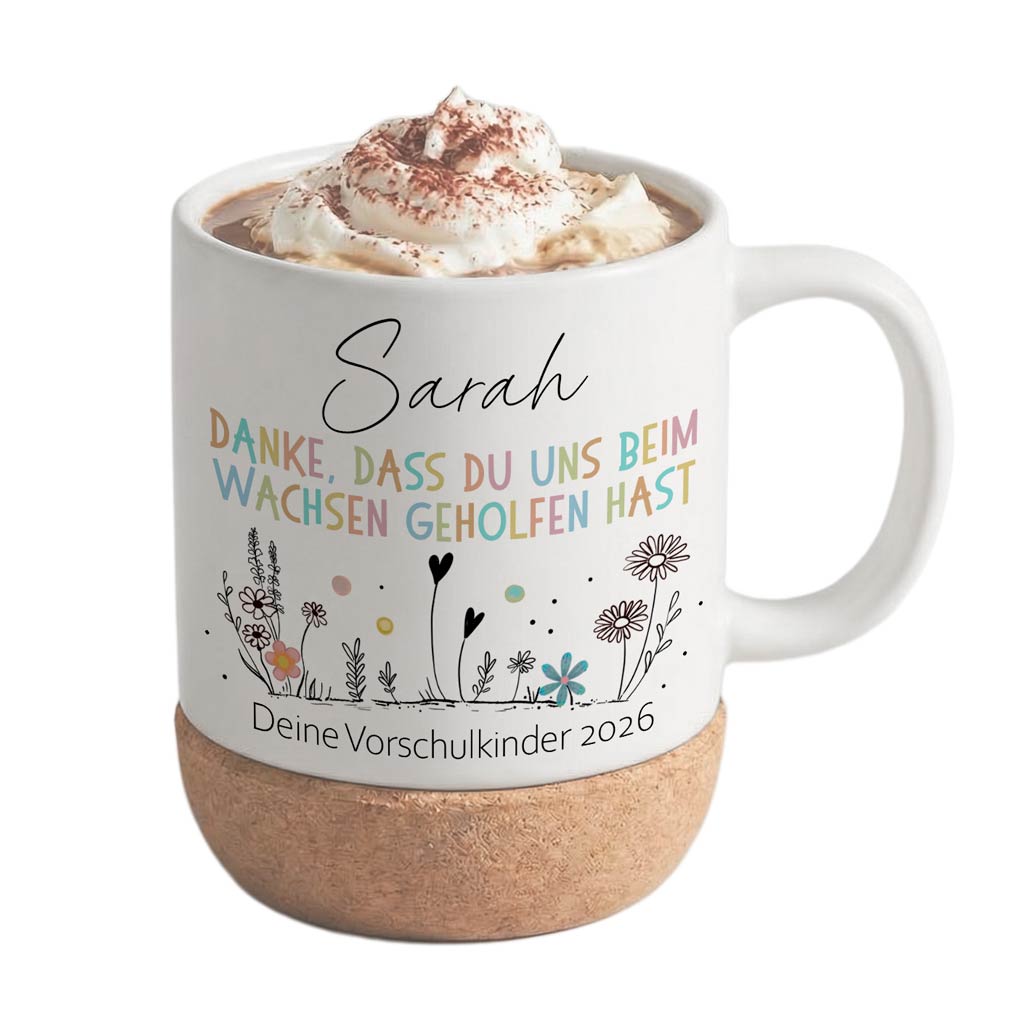 Personalisierte Tasse „Danke für die bunte Zeit“ mit Korkboden & Deckel (Spülmaschinenfest)