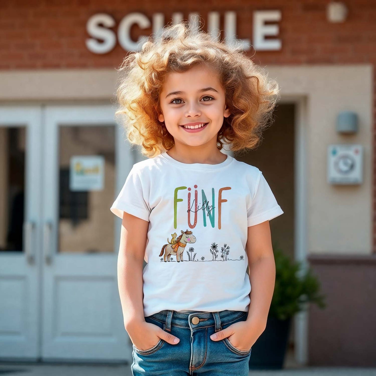 Kinder Geburtstagsshirt "Pferd & Katze" – Personalisiert mit Name & Zahl