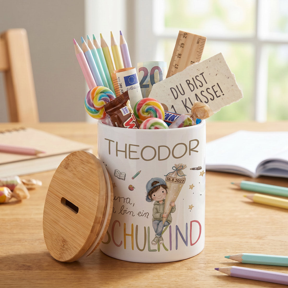 Personalisierte Kinder-Spardose & Stiftehalter "Schulkind" (Keramik)