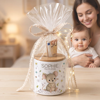 Personalisierte Keramik-Spardose mit Verpackungsvorschlag