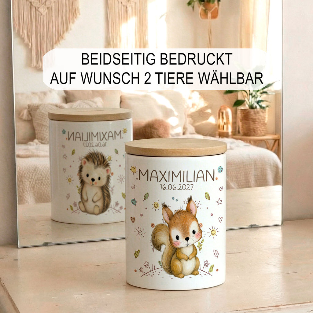 Personalisierte Spardose für Kinder mit Namen und Tiermotiv