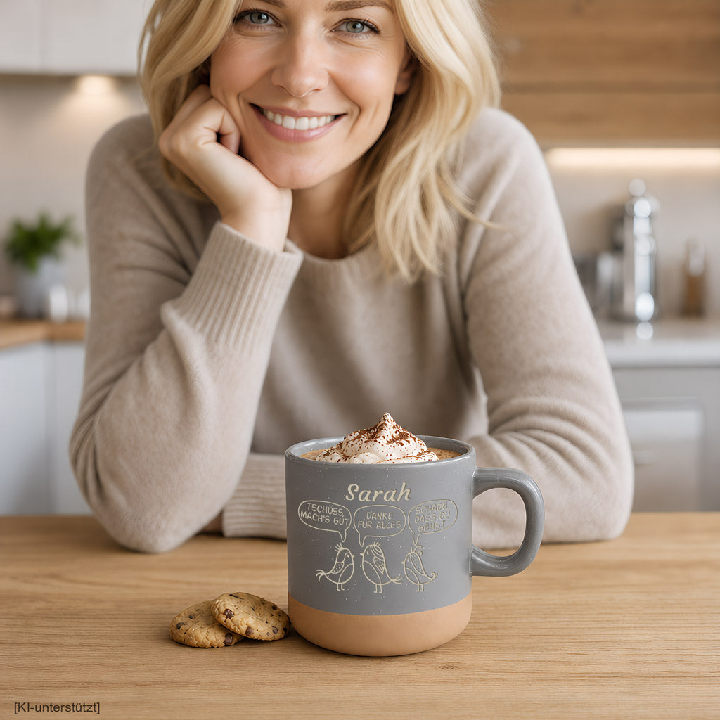 Abschiedsgeschenk Tasse mit Vögeln & Namens-Gravur