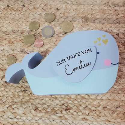 Wal Spardose aus Holz personalisiert, Geburt Geschenkidee, Sparbüchse für Kommunion & Taufgeschenk, Kinderspardose Geburtstag Wunscherfüller