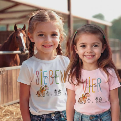 Kinder Geburtstagsshirt "Pferd & Katze" – Personalisiert mit Name & Zahl