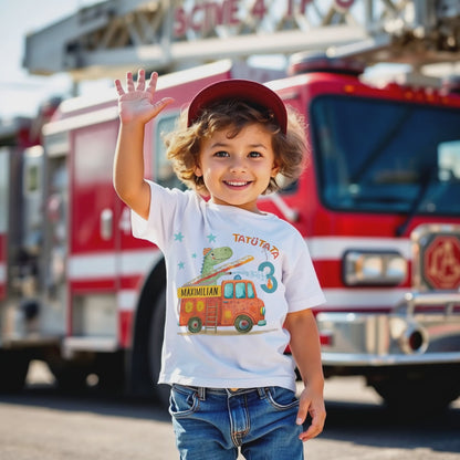 Das "Feuerwehr-Dino" Geburtstags-Shirt | Personalisiert