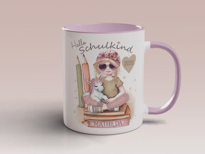 Schulanfang & Einschulung Geschenk für Jungen und Mädchen – Schulkind Tasse personalisiert | Einhorn Geschenkidee für Schultüte, Dino Motiv