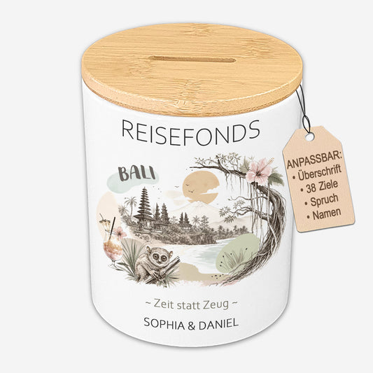 Personalisierte Spardose als Reisekasse mit Bambusdeckel