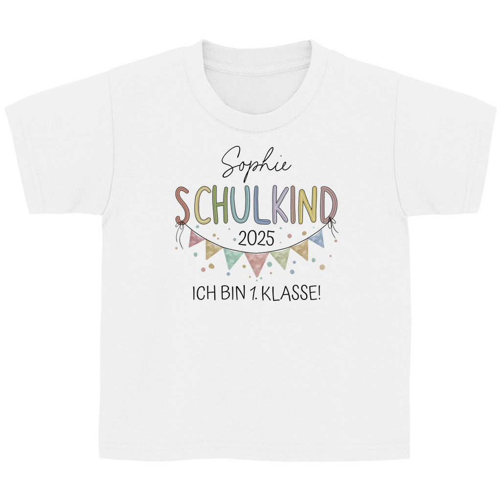 weißes T-Shirt mit der Aufschrift "Schulkind, Ich bin 1. Klasse