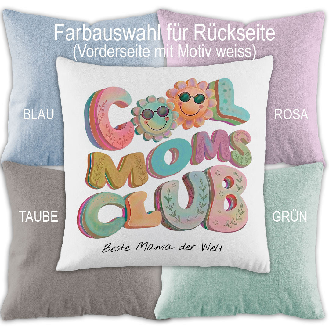 Die vier verschiedenen Farboptionen für die Kissenrückseite: Rosa, Hellblau, Hellgrün und Hellgrau, passend für jede Wohnzimmer-Deko.