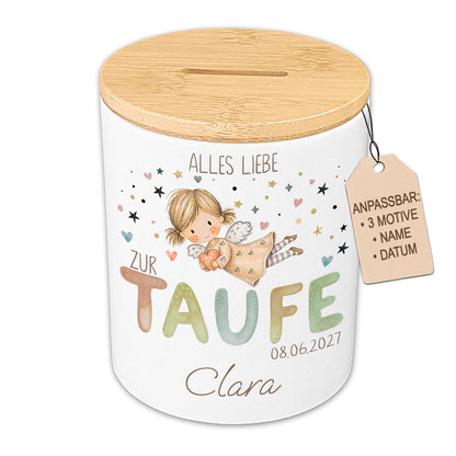 Personalisierte Spardose zur Taufe & Geburt – Keramik mit Bambusdeckel