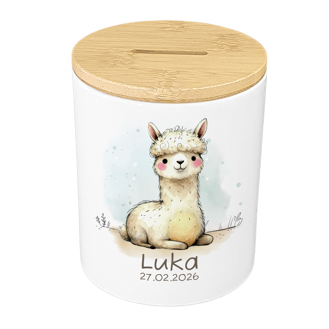 Personalisierte Spardose Keramik Bambusdeckel & Aquarell Tiere