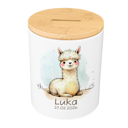 Personalisierte Spardose Keramik Bambusdeckel & Aquarell Tiere