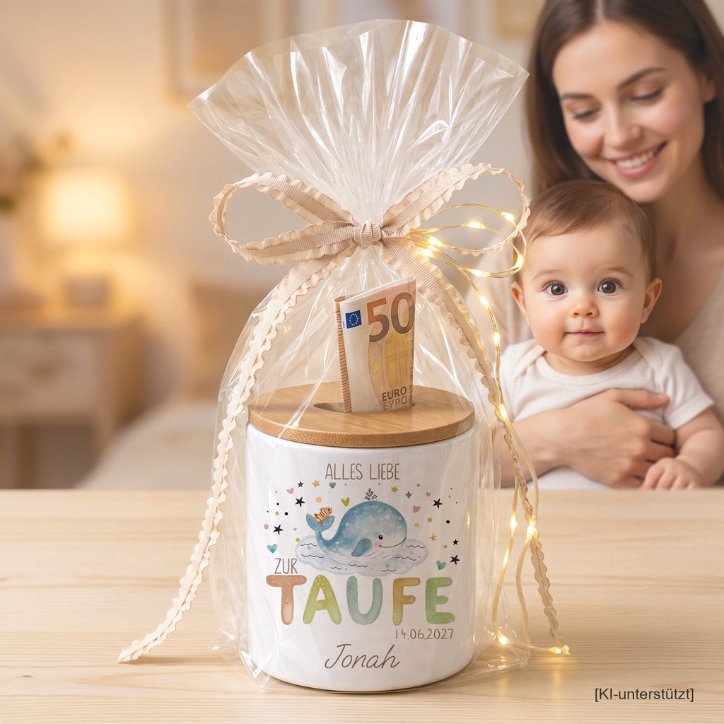 Personalisierte Spardose für Babys zur Taufe aus Keramik