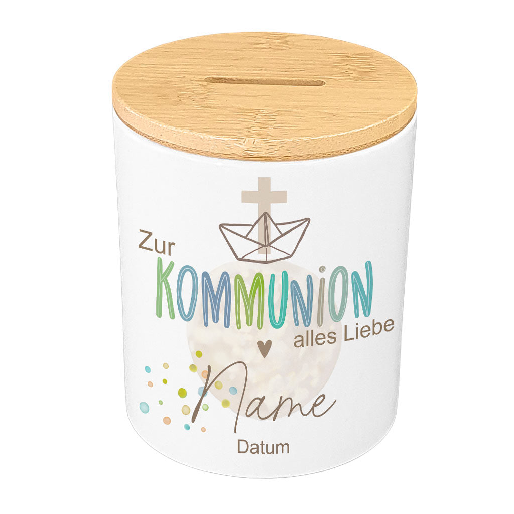 Personalisierte Boho-Spardose zur Kommunion (mit Holzdeckel)