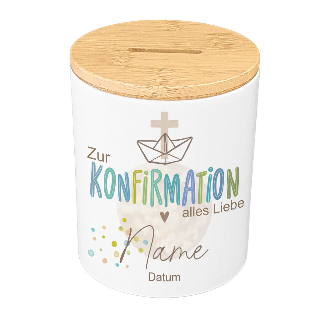 Personalisierte Konfirmations-Spardose (Keramik & Holz)