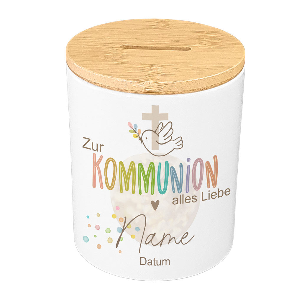 Personalisierte Boho-Spardose zur Kommunion (mit Holzdeckel)