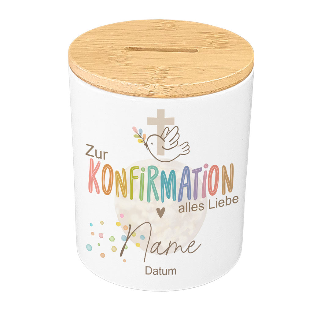Personalisierte Konfirmations-Spardose (Keramik & Holz)