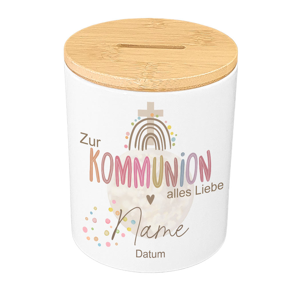 Personalisierte Boho-Spardose zur Kommunion (mit Holzdeckel)