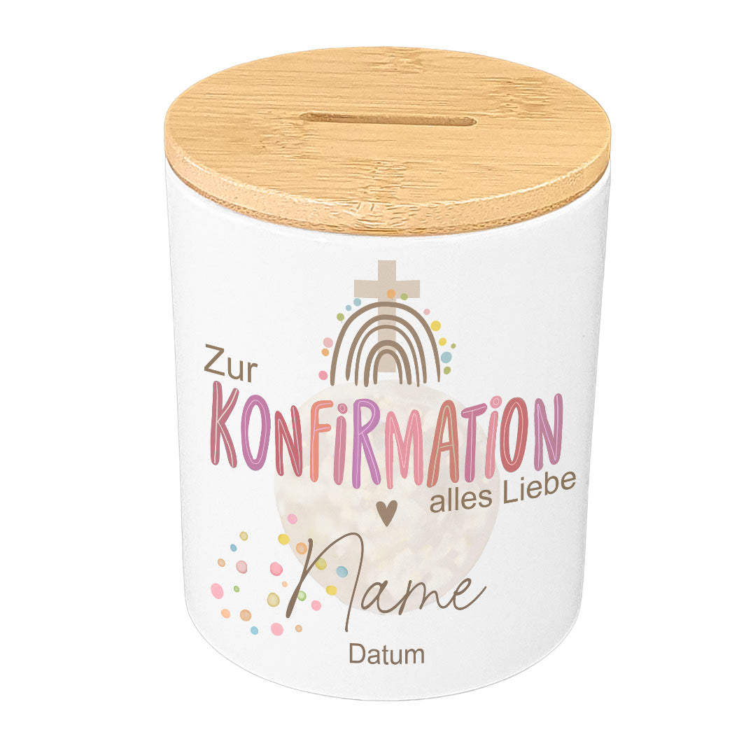 Personalisierte Konfirmations-Spardose (Keramik & Holz)