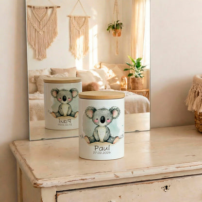 Personalisierte Spardose Keramik Bambusdeckel & Aquarell Tiere