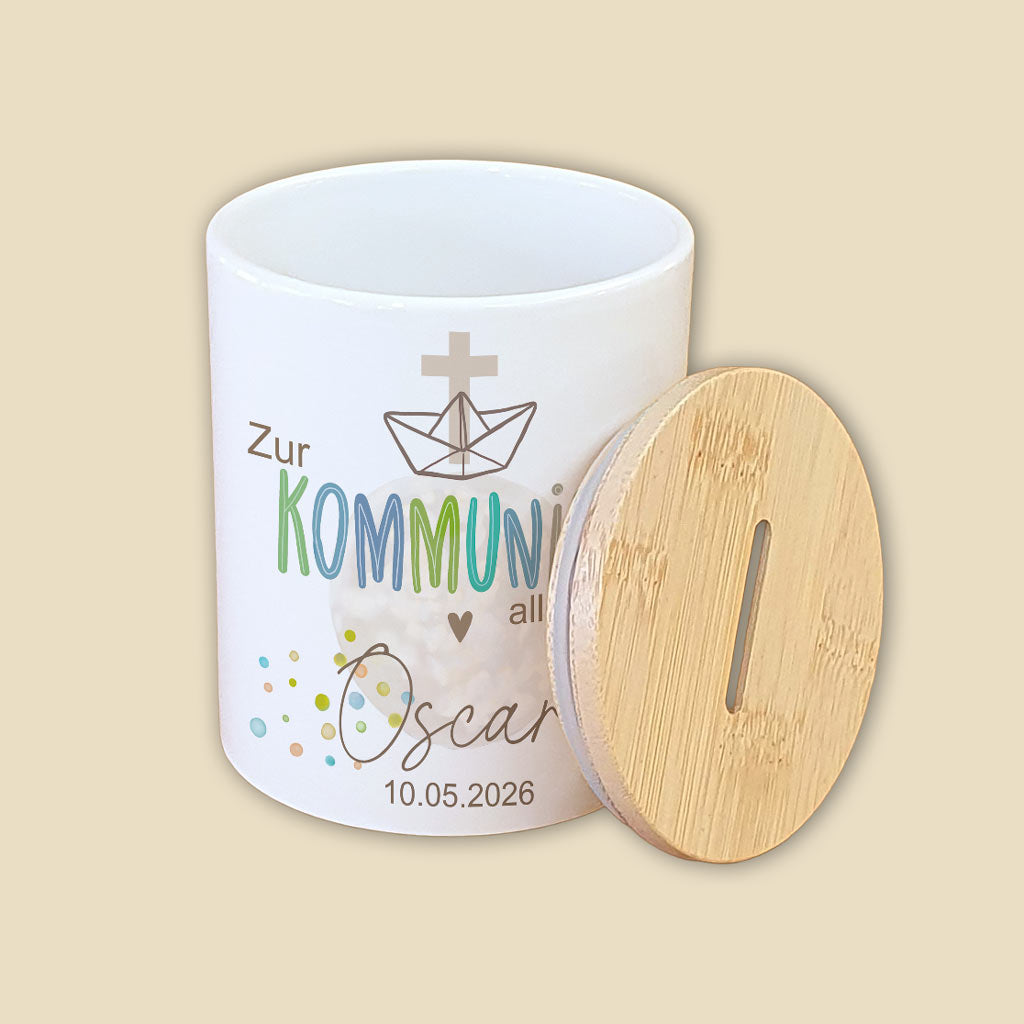 Personalisierte Boho-Spardose zur Kommunion (mit Holzdeckel)