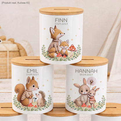Fünf Motive zur Auswahl: Waldtieregruppe, Hase, Fuchs, Eichhörnchen und Bär