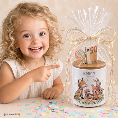 Schön verpackte personalisierte Waldtier-Spardose mit Name und Datum als Taufgeschenk auf einem Geschenktisch