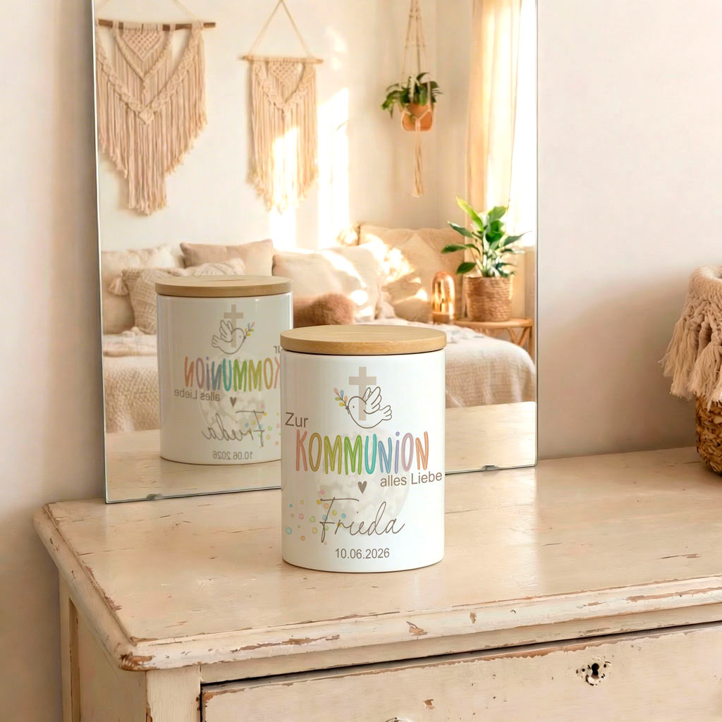 Personalisierte Boho-Spardose zur Kommunion (mit Holzdeckel)