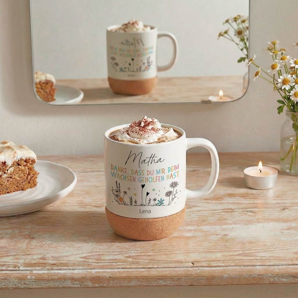 Matte Keramiktasse in Bonbon-Farben mit Line-Art Design, spülmaschinenfest durch abnehmbaren Boden.