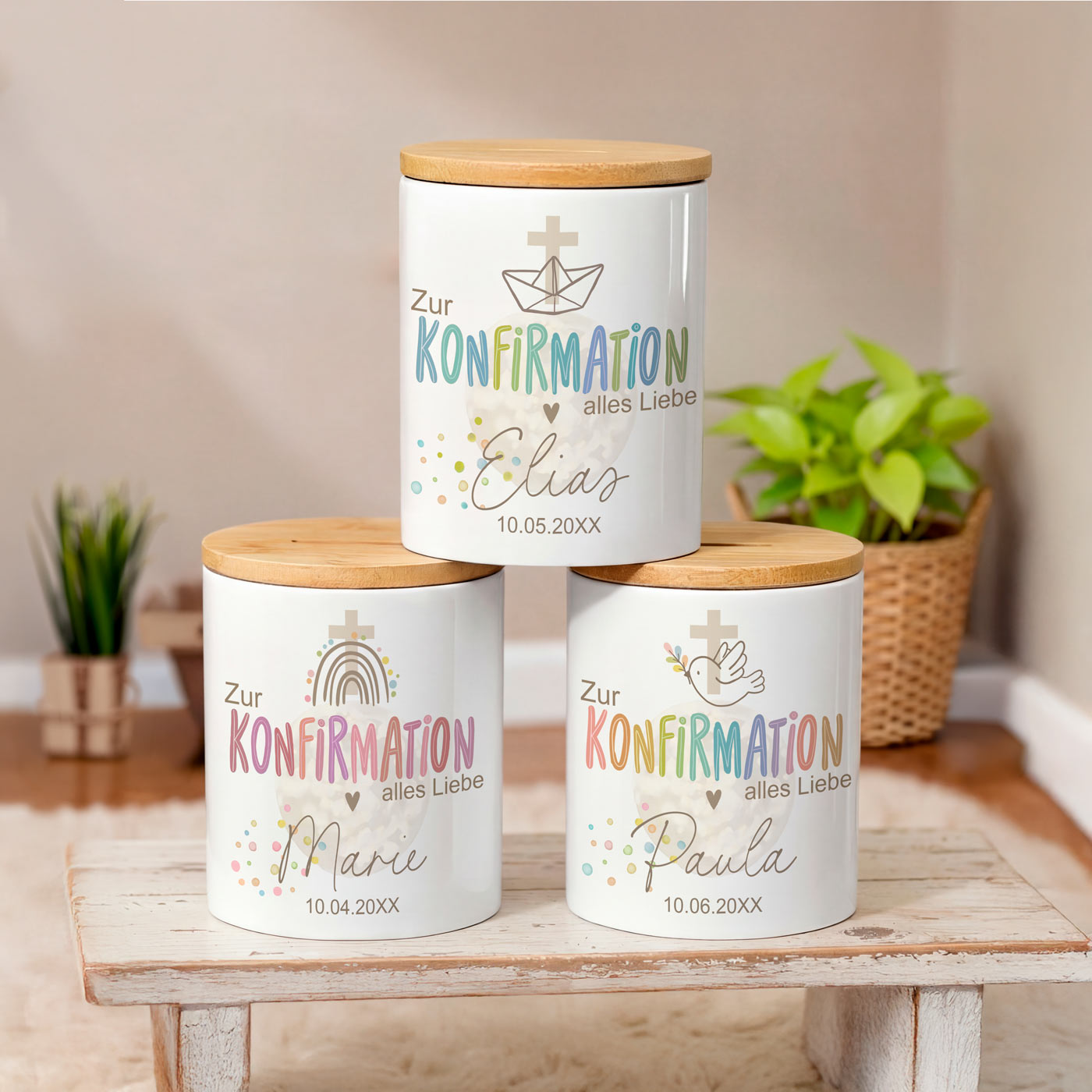 Personalisierte Konfirmations-Spardose (Keramik & Holz)