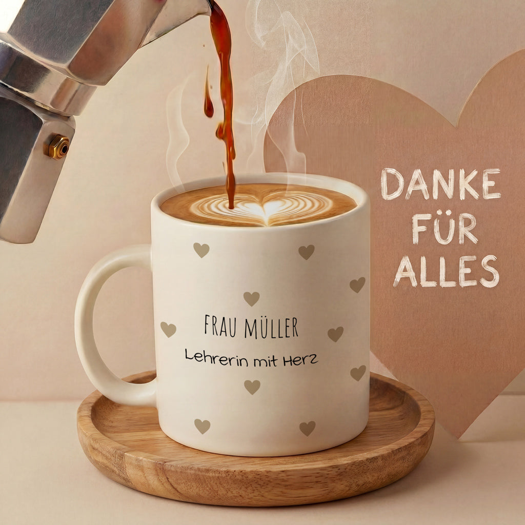 Personalisierte Dankeschön-Tasse "Herzchen" (Matt/Glanz)