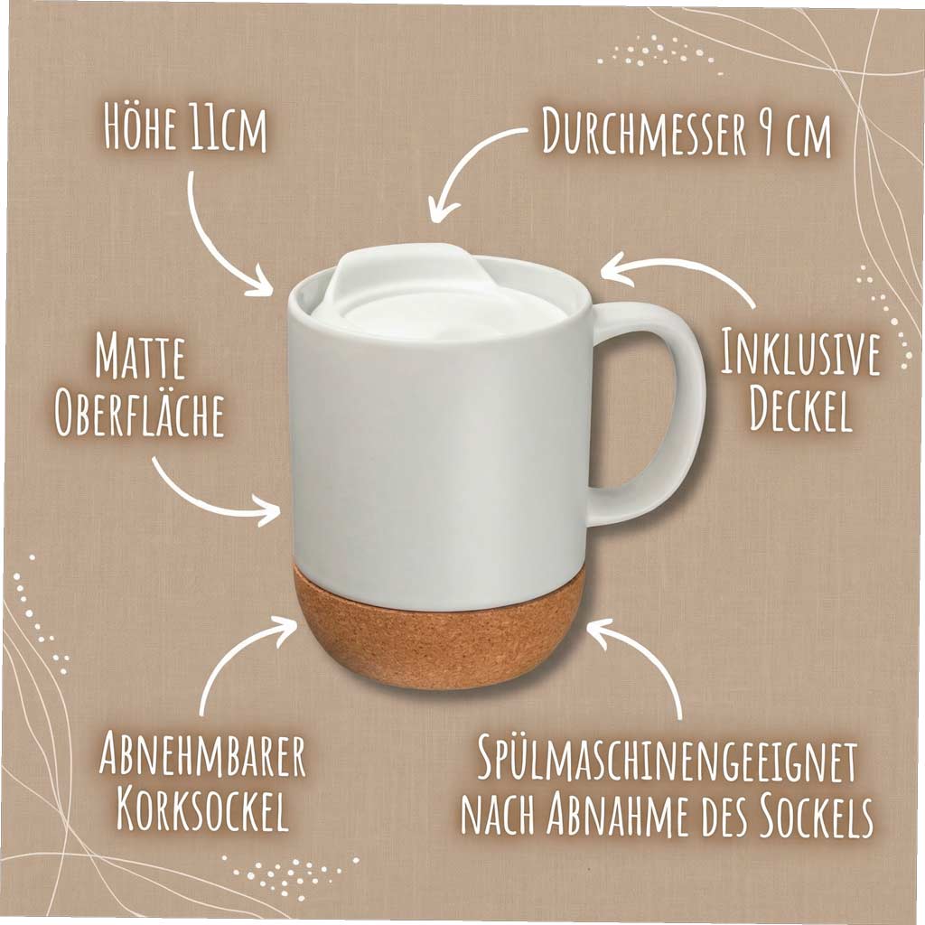 Personalisierte Tasse „Nebenan wohnen“ mit Korkboden & Deckel (Spülmaschinenfest)