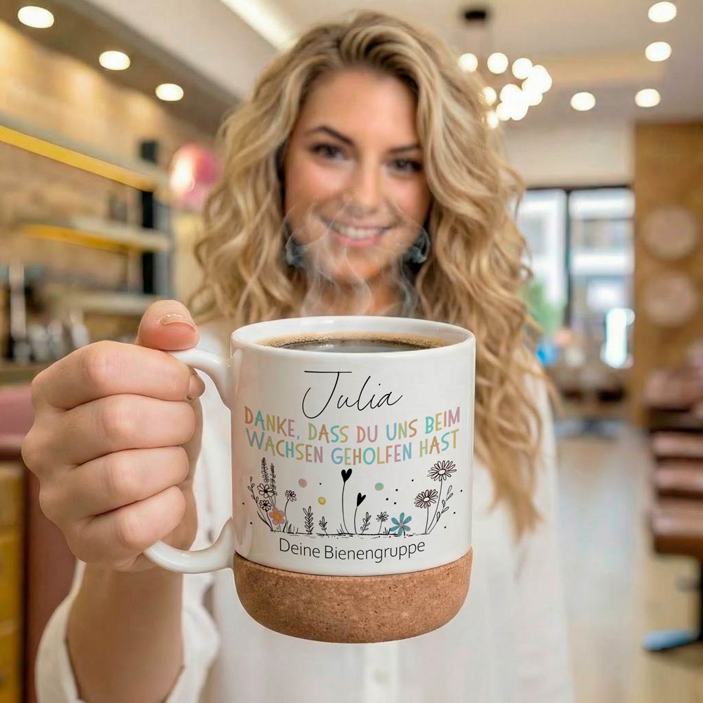Personalisierte Tasse mit abnehmbarem Korkboden und Deckel als Abschiedsgeschenk für Erzieherin Kita.