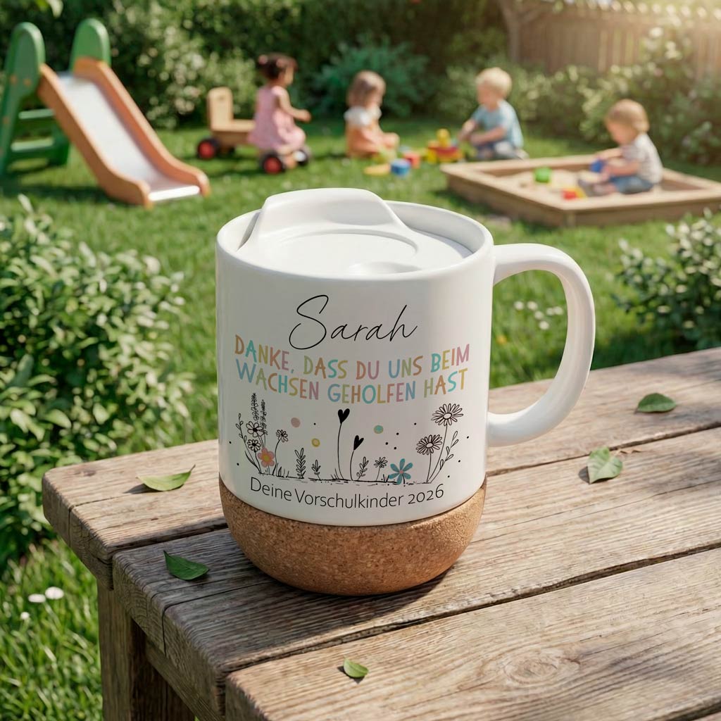 Kaffeetasse mit Deckel im Garten als Insektenschutz, personalisiert mit Namen und Jahreszahl.