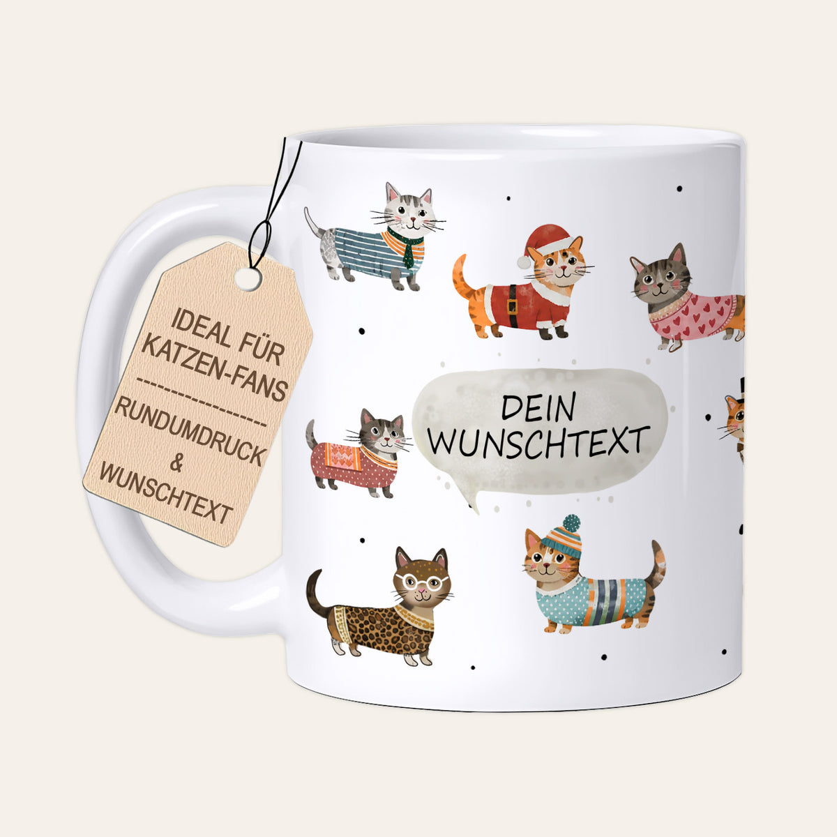 Weiße Keramiktasse bedruckt mit 19 gezeichneten Katzen und personalisiertem Wunschtext, ideal als Kollegin Geschenk, Mama Geschenk oder für die Patentante