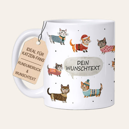 Weiße Keramiktasse bedruckt mit 19 gezeichneten Katzen und personalisiertem Wunschtext, ideal als Kollegin Geschenk, Mama Geschenk oder für die Patentante