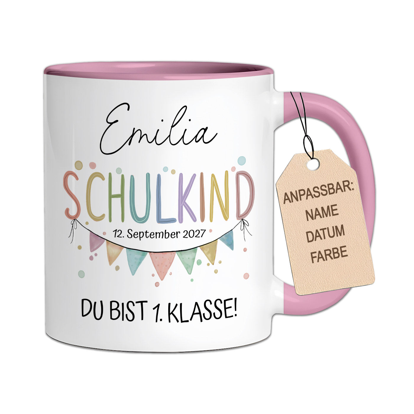 Personalisierte "Schulkind" Tasse mit Aquarell-Wimpelkette (Rosa/Blau/Weiß)