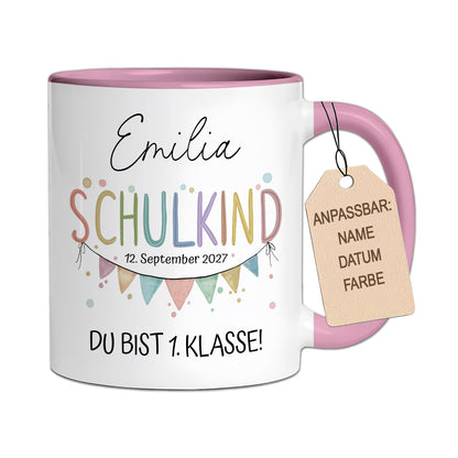 Personalisierte "Schulkind" Tasse mit Aquarell-Wimpelkette (Rosa/Blau/Weiß)