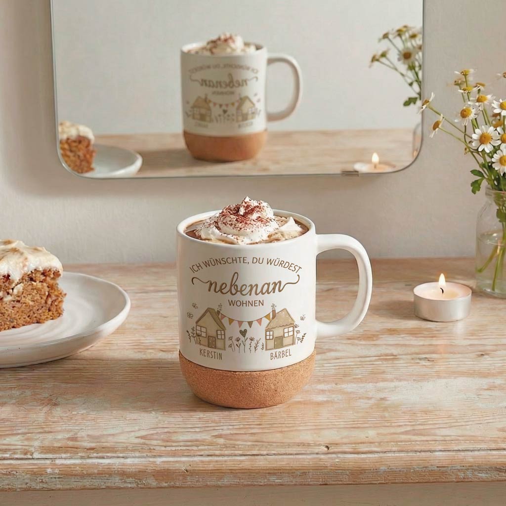 Beidseitig bedruckte Tasse für Schwester mit Namen und Wimpelkette Motiv.