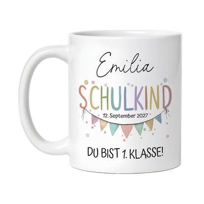 Personalisierte "Schulkind" Tasse mit Aquarell-Wimpelkette (Rosa/Blau/Weiß)
