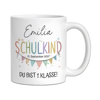 Personalisierte "Schulkind" Tasse mit Aquarell-Wimpelkette (Rosa/Blau/Weiß)