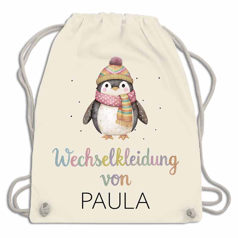 Praktischer Turnbeutel für Kinder mit  Kordelzug und Pinghuin Motiv für Wechselsachen.