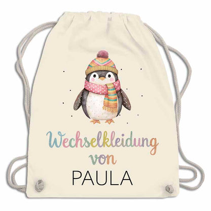 Praktischer Turnbeutel für Kinder mit  Kordelzug und Pinghuin Motiv für Wechselsachen.
