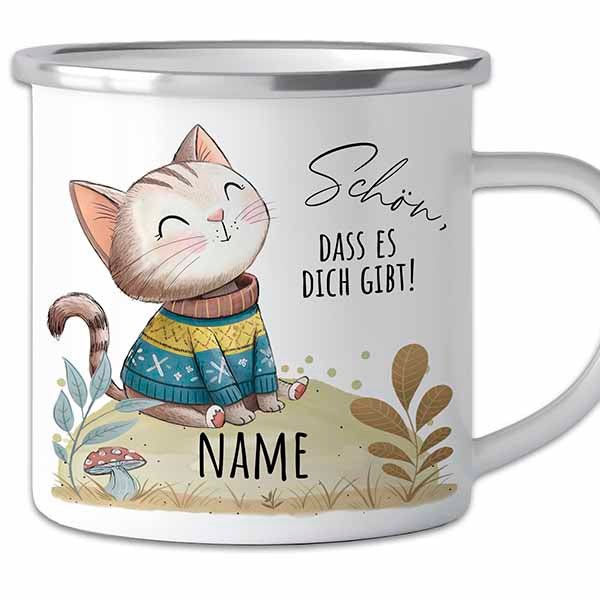 Unzerbrechlicher Emaille-Becher mit Katze als Geschenk zur Einschulung