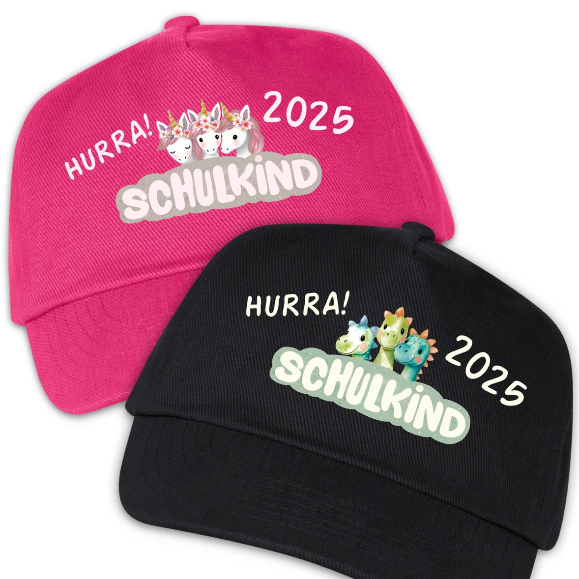 Rosa "Schulkind" Cap aus Baumwolle mit Einhorn-Motiv für Mädchen zur Einschulung und schwarze Kappe für Jungen mit Dino-Aufdruck als Geschenk zum Schulanfang