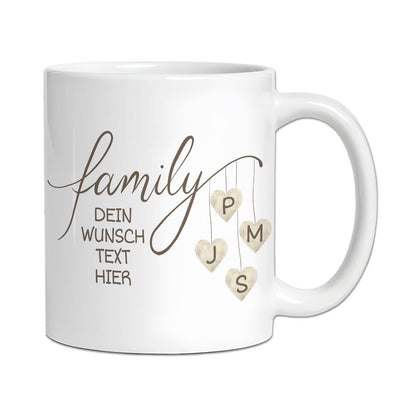 Personalisierte Familien-Tasse "Family" mit Herz-Initialen